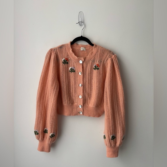 Aritzia Le Fou Wilfred Cropped Embroidered Cardigan Peach Knit Puff Sleeve - Picture 1 of 10